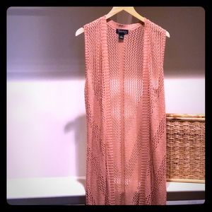 Long crocheted sleeveless sweater cardigan